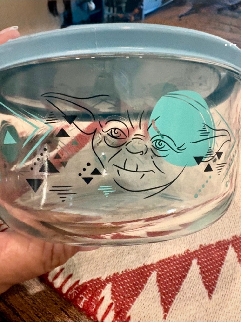 Pyrex Glass Bowl with Teal-Aqua Graphic Lid and Teal Illustration